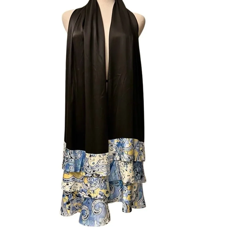 Carlisle Elegant Black Silk Cape Scarf Wrap Blue White Floral Paisley Hem Ruffle